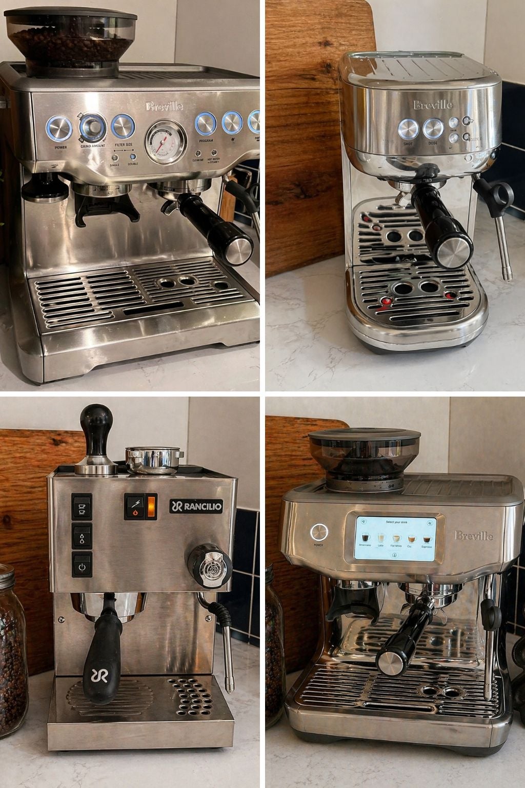 “best espresso machines under 1000 including Breville Barista Express, Bambino Plus, Rancilio Silvia and Oracle Touch on kitchen counter”