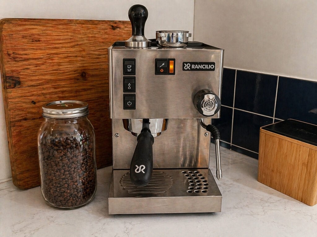 Rancilio Silvia espresso machine with tamper and portafilter on top professional style espresso 