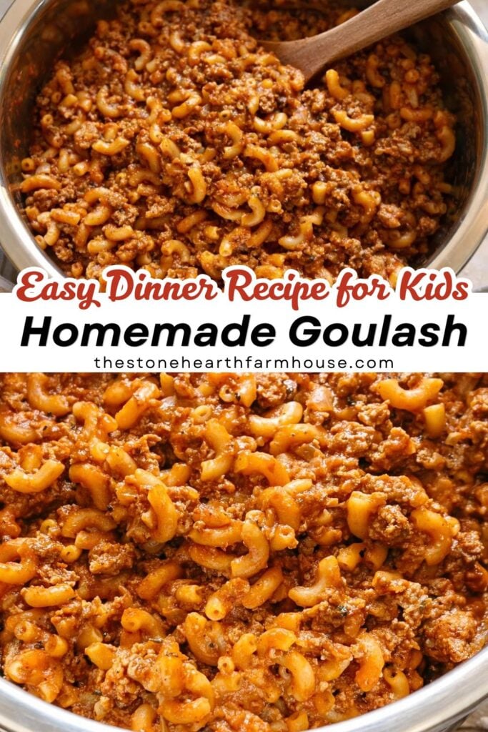 Easy dinner recipe for kids made with ground beef, pasta, and a rich savory sauce in a one pot skillet. This quick and simple meal is perfect for busy moms needing a fast and healthy dinner that picky eaters will love. This homemade goulash style dish is yummy, comforting, and made with simple ingredients. Ideal for weeknights, this easy dinner recipe for kids is a good, filling meal that comes together quickly and is perfect for family dinners.