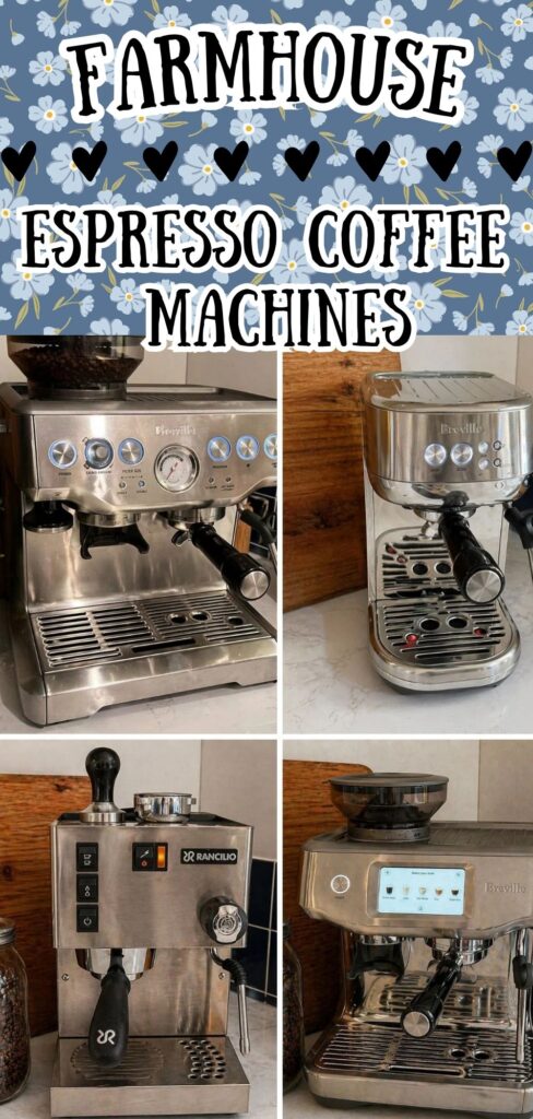 Stainless steel Breville espresso machine in a farmhouse kitchen with floral blue background and text overlay reading “The Best Farmhouse Espresso Coffee Machines.” Features a modern espresso maker perfect for homemade lattes, cappuccinos, espresso shots, and creating a cozy home coffee bar. Ideal for people searching for the best espresso machine for home use, farmhouse coffee station ideas, coffee bar inspiration, and beginner-friendly espresso machines.
