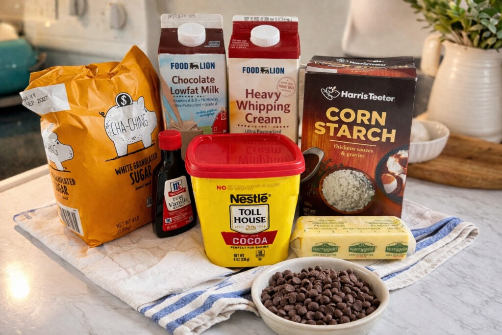 Ingredients for homemade chocolate pudding including cocoa powder, sugar, cornstarch, chocolate milk, heavy cream, butter, and vanilla extract on a kitchen counter