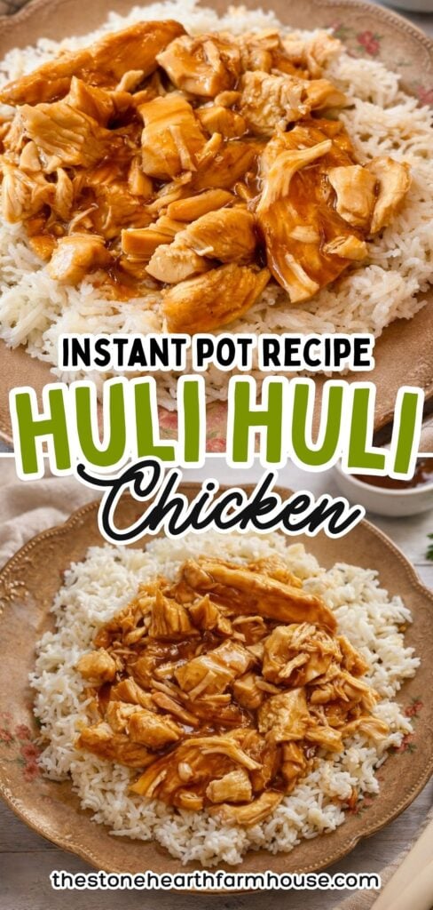 Instant Pot Huli Huli chicken served over white rice with sweet pineapple soy sauce, easy Hawaiian chicken recipe for quick dinner
