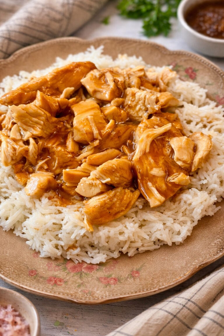 Instant Pot Huli Huli chicken served over white rice with thick pineapple soy glaze on top