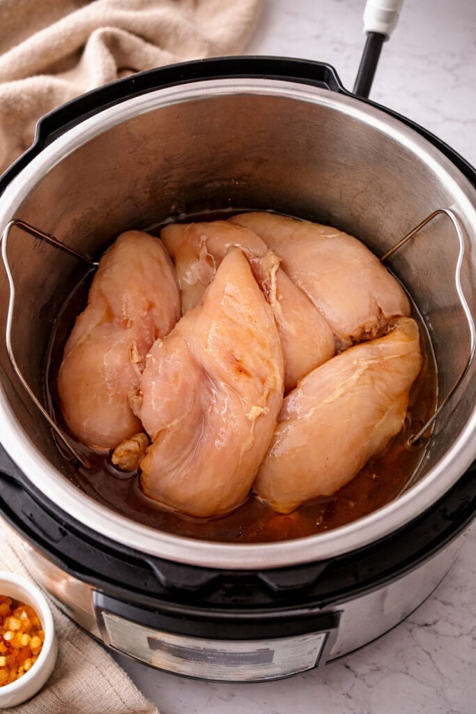 Raw chicken breasts in Instant Pot with marinade ready for Huli Huli chicken pressure cooker recipe