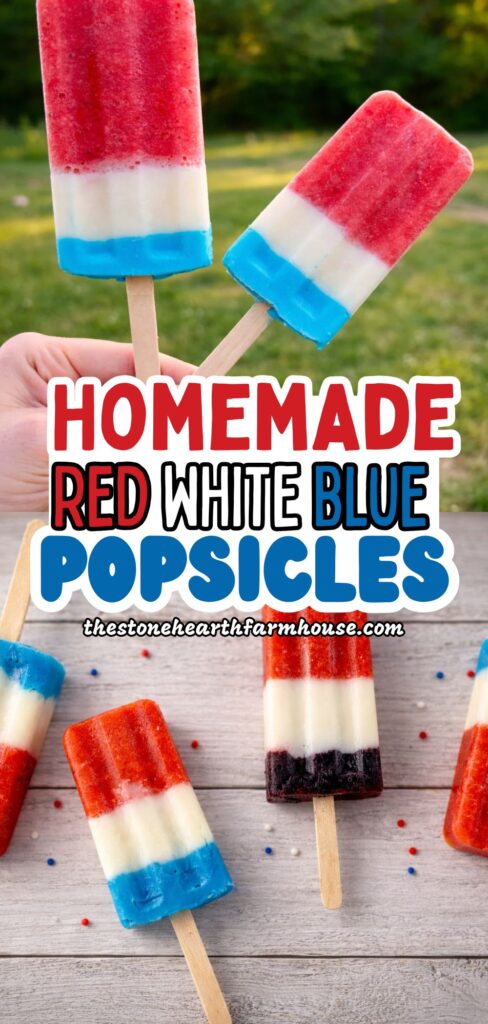 homemade red white and blue popsicles held outside – refreshing 4th of July popsicles recipe, patriotic frozen treats for kids, easy healthy summer dessert idea
