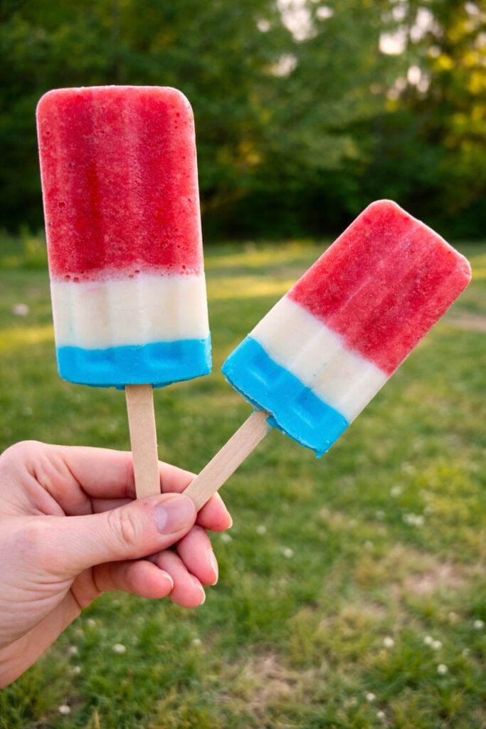 Hand holding two red white and blue popsicles outside with green grass and trees in the background