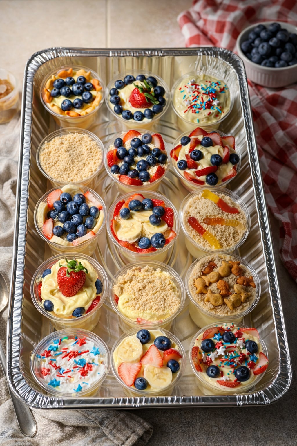 Tray of easy 4th of July vanilla dirt cups with different toppings like berries, sprinkles, and gummy worms, ideal for dessert table or family reunion