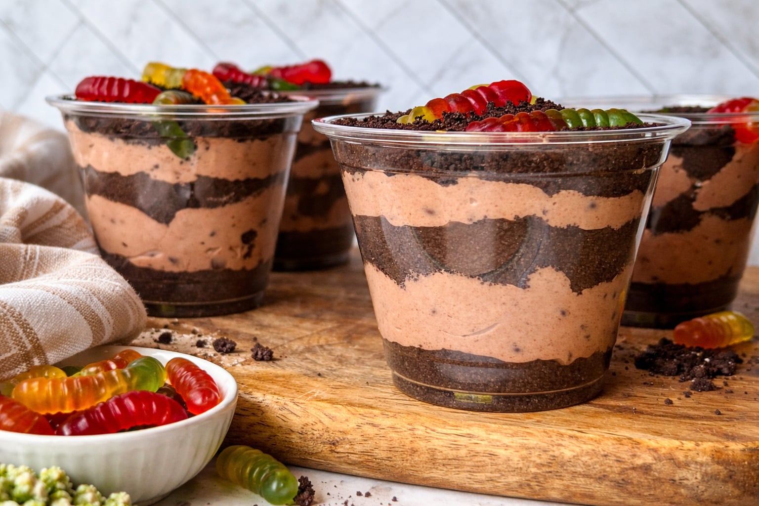 Close up of worms in dirt dessert recipe topped with colorful gummy worms and crushed Oreo cookies in individual dirt pudding cups on wooden board