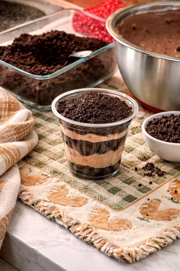 Worms in dirt dessert recipe in clear cup with layers of creamy chocolate pudding, Oreo cookie crumbs, and mini chocolate chips, surrounded by ingredients for easy dirt cups