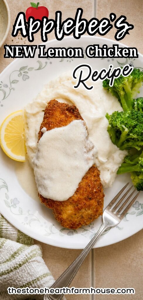applebees lemon chicken recipe crispy breaded chicken breast with creamy lemon garlic parmesan sauce served with mashed potatoes and broccoli