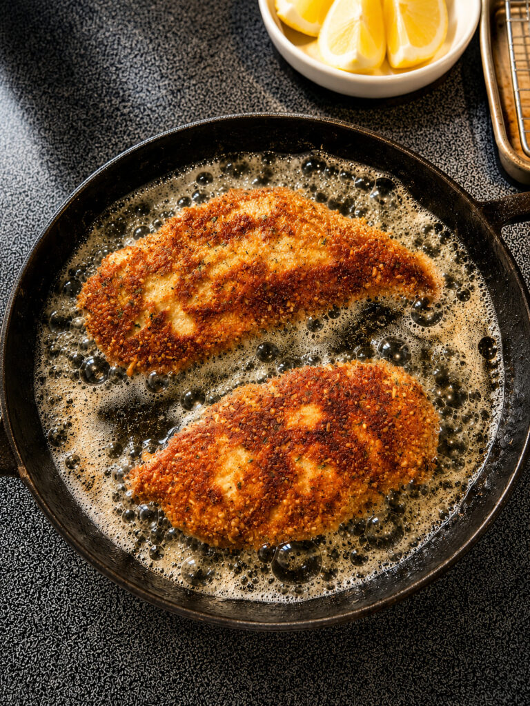 applebees lemon chicken recipe crispy breaded chicken frying in skillet until golden brown