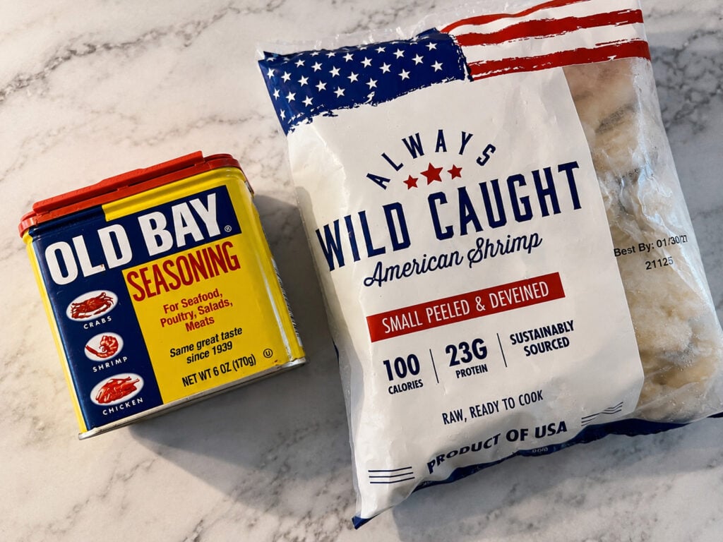 Old Bay seasoning and frozen wild-caught shrimp used to make Applebee’s style parmesan steak and shrimp at home.