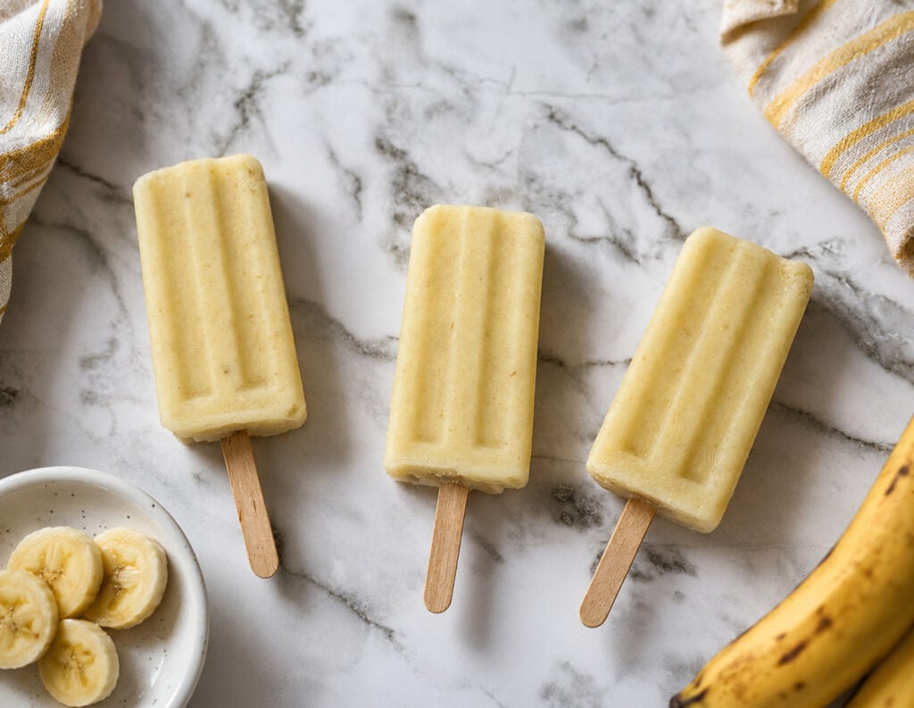 Three creamy homemade frozen banana treats with wooden sticks arranged on a marble surface beside fresh banana slices, ripe bananas, and striped kitchen towels.