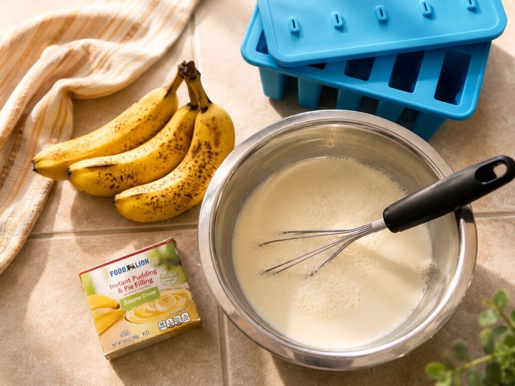 Banana pudding mixture being whisked in a stainless steel bowl beside ripe bananas, instant pudding mix, and a blue popsicle mold.