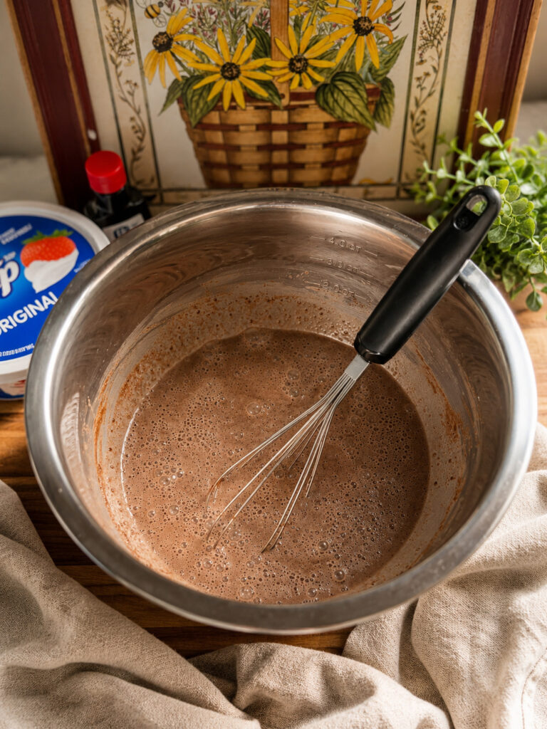 Chocolate pudding popsicle mixture whisked in a stainless steel mixing bowl with vanilla extract, whipped topping, and pudding mix ingredients on a wooden counter.