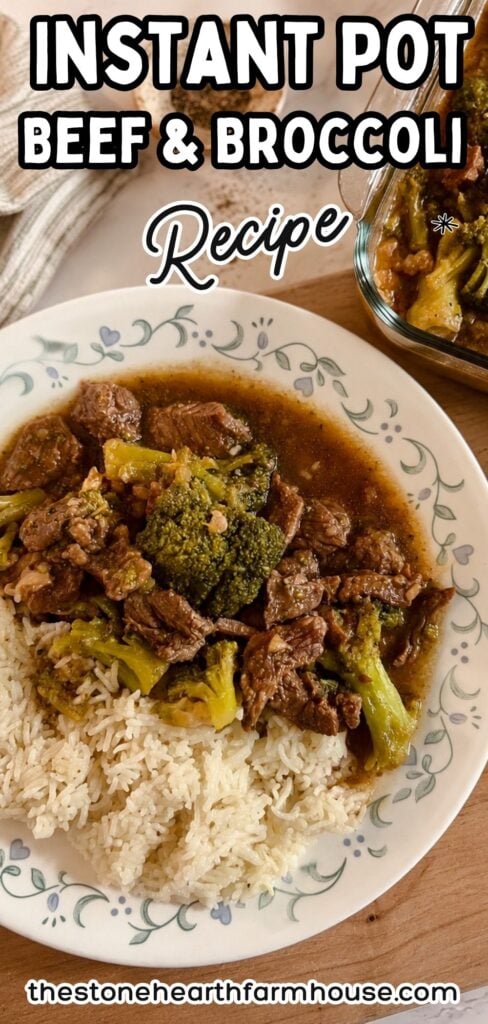 Instant Pot beef and broccoli served over white rice on a vintage floral plate with rich savory sauce, tender beef, and broccoli florets in a homemade Chinese takeout inspired recipe.
