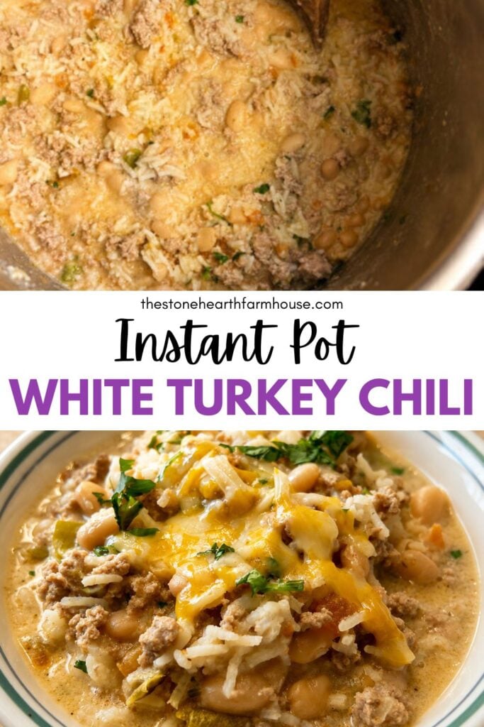 Pinterest pin showing Creamy instant pot white turkey chili topped with melted cheddar cheese, white beans, and fresh parsley in a bowl.