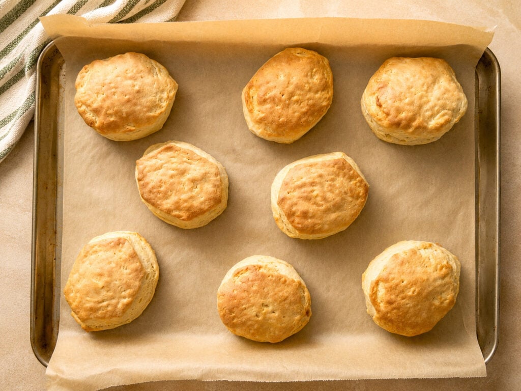 Freshly baked golden brown biscuits on a parchment-lined baking sheet with a striped kitchen towel in the corner.