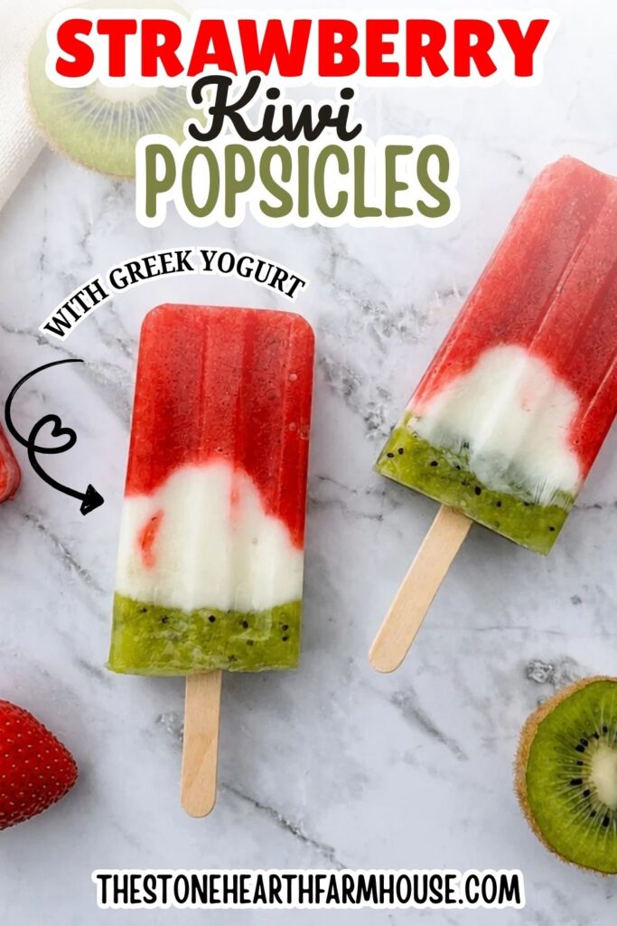 Strawberry kiwi popsicles made with Greek yogurt, layered red, white, and green frozen treats on a marble background with fresh fruit, healthy homemade summer dessert recipe.