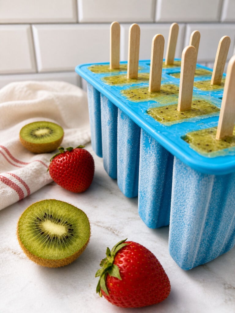 Kiwi layer in popsicle mold with wooden sticks for homemade strawberry kiwi popsicles