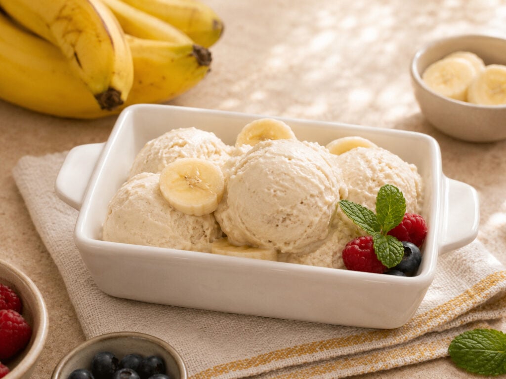 Scoops of homemade 3 ingredient banana ice cream served in a white dish with fresh banana slices, raspberries, blueberries, and mint. A creamy no-churn frozen dessert made with simple ingredients.