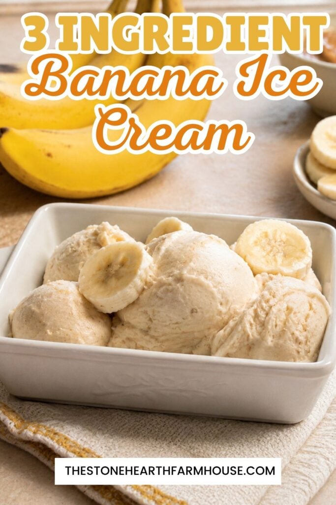 **Alt Text (SEO-Friendly):**

Homemade 3 ingredient banana ice cream scooped into a white dish and topped with fresh banana slices. Made with ripe bananas, heavy cream, and brown sugar, this easy no-churn banana ice cream recipe is a creamy frozen dessert perfect for summer. Fresh bananas and sliced banana garnish are displayed in the background.