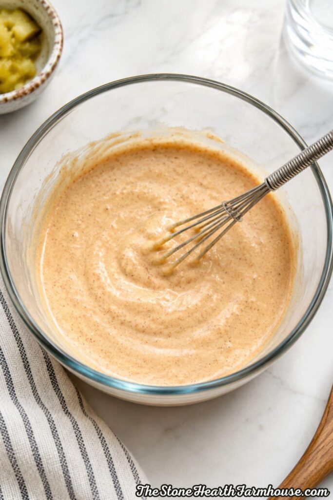 Homemade burger bowl sauce made with mayonnaise, ketchup, mustard, pickle relish, and seasonings whisked together in a glass bowl for an easy creamy burger sauce recipe.
