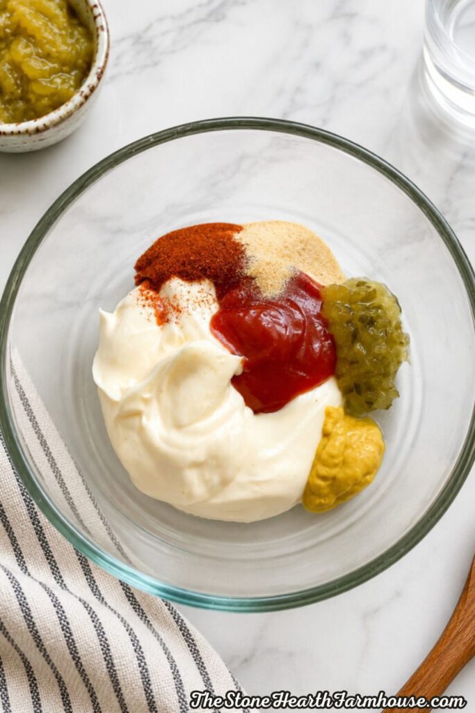 Ingredients for homemade burger bowl sauce including mayonnaise, ketchup, yellow mustard, sweet pickle relish, paprika, garlic powder, and onion powder in a glass mixing bowl.