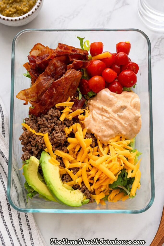 Loaded burger bowl with seasoned ground beef, crispy bacon, cheddar cheese, avocado, cherry tomatoes, lettuce, and creamy homemade burger sauce for an easy low-carb cheeseburger bowl recipe.