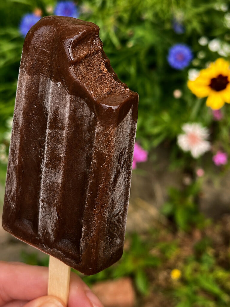 Bitten coffee popsicle held outdoors in front of colorful garden flowers, showing the creamy frozen coffee pudding texture inside the homemade popsicle.