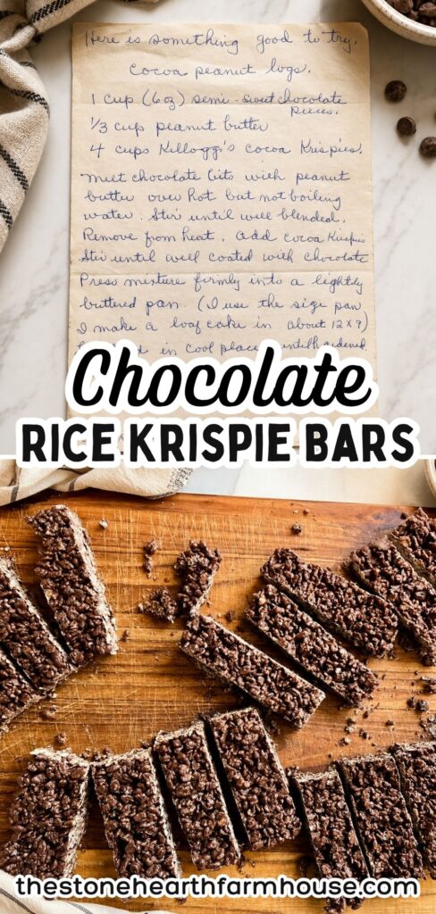 Chocolate Rice Krispie Bars made from a vintage family recipe displayed on a wooden cutting board with handwritten recipe card and farmhouse styling.