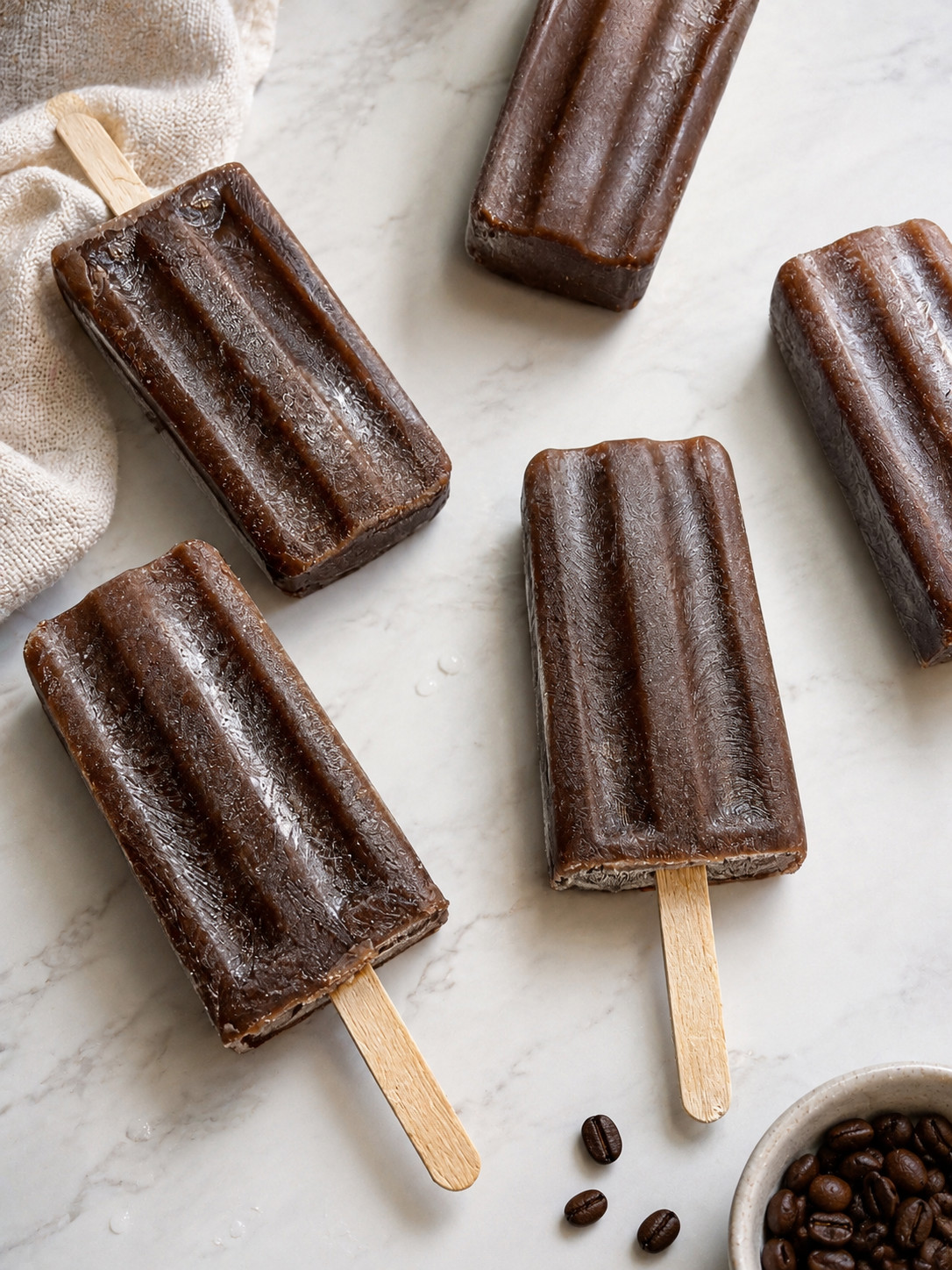 Several homemade coffee popsicles arranged on a marble surface with coffee beans, showing their rich chocolate coffee color and texture.
