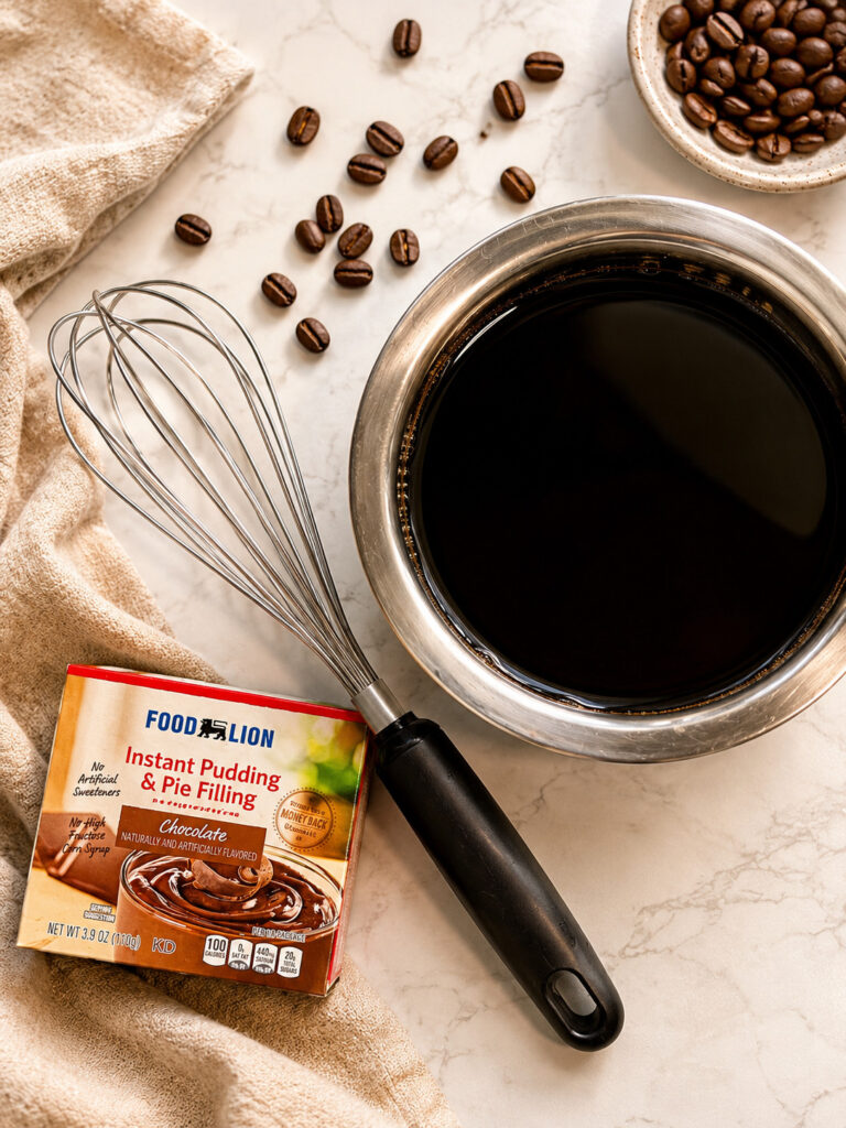 Ingredients for coffee popsicles including brewed coffee, instant chocolate pudding mix, whisk, and coffee beans on a marble countertop.