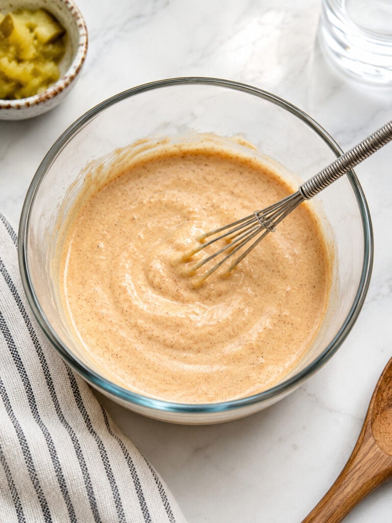Homemade burger bowl sauce made with mayonnaise, ketchup, mustard, pickle relish, and seasonings whisked together in a glass bowl for an easy creamy burger sauce recipe.