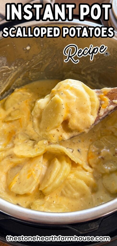 Instant Pot scalloped potatoes recipe pin featuring creamy cheesy potatoes on a wooden spoon with text overlay and The Stone Hearth Farmhouse website branding.