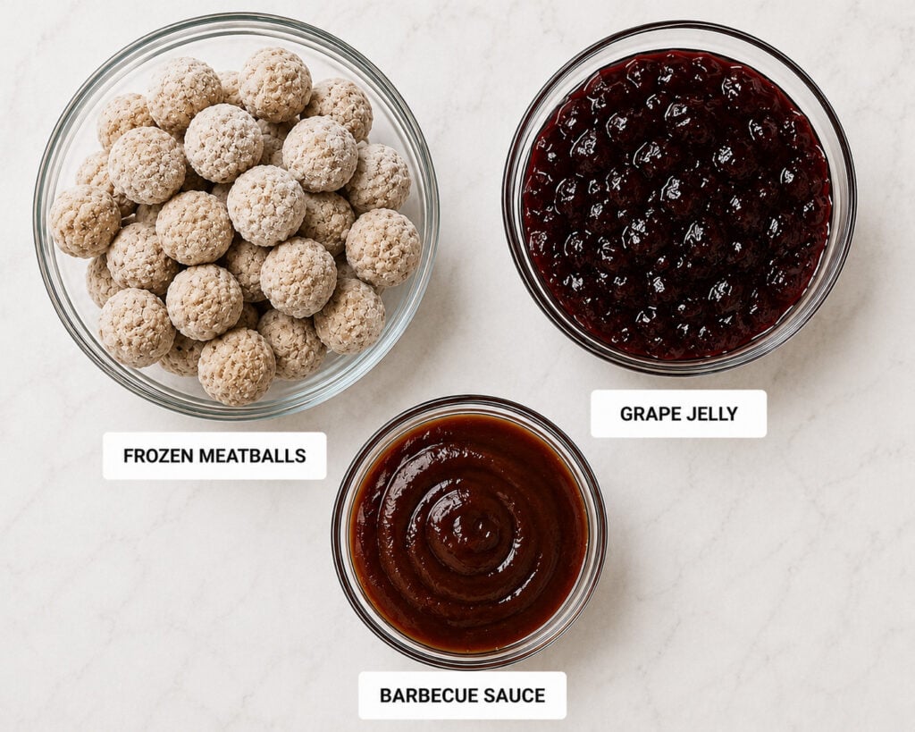 Three simple ingredients for crockpot meatballs including frozen meatballs, barbecue sauce, and grape jelly.
