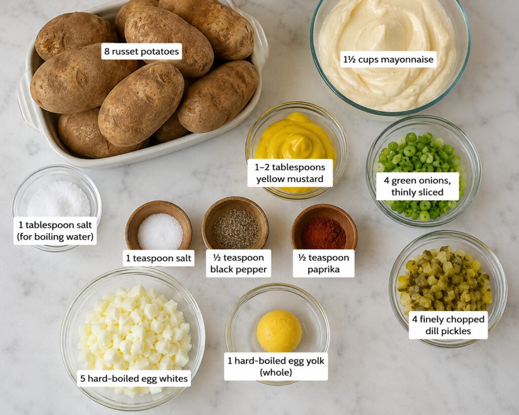 Fresh ingredients for homemade potato salad including russet potatoes, mayonnaise, mustard, hard-boiled eggs, dill pickles, green onions, paprika, salt, and black pepper.