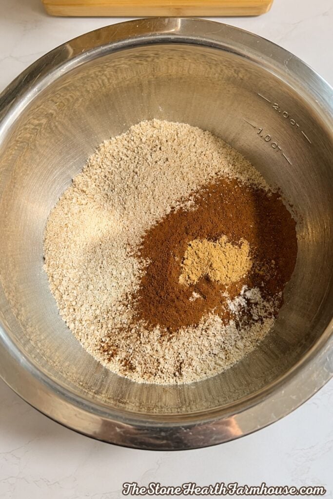 Fresh milled soft white wheat flour mixed with cinnamon and pumpkin pie spices for pumpkin bread