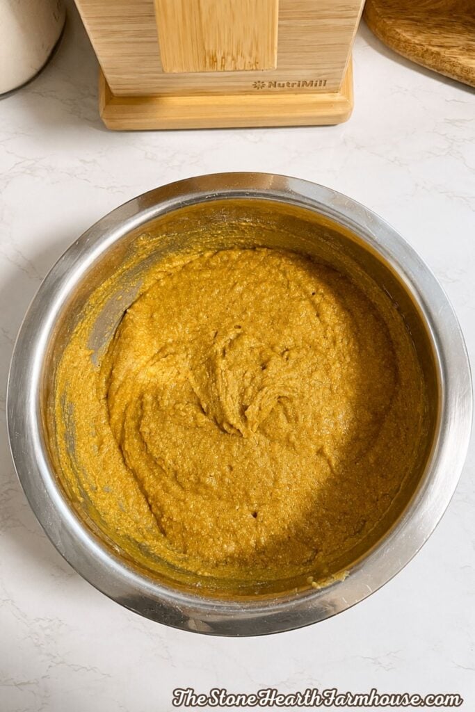 Pumpkin bread batter made with fresh milled soft white wheat flour and pumpkin puree