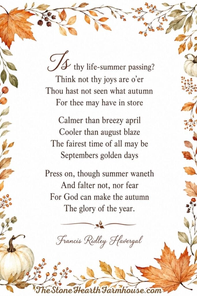 Is Thy Life-Summer Passing poem by Francis Ridley Havergal with watercolor autumn leaves, berries, pumpkins, and decorative fall border