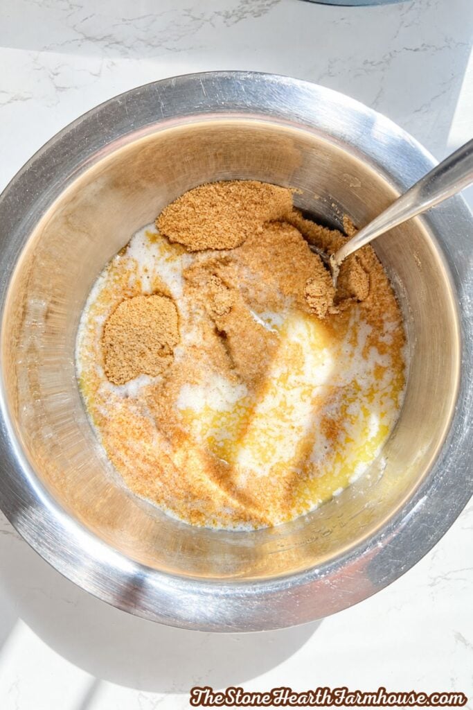Graham cracker crumbs mixed with melted butter and sugar for a crust