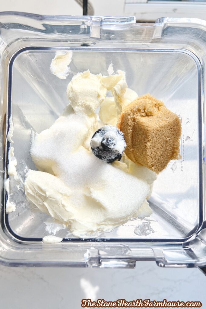 Cream cheese, granulated sugar, and brown sugar in a blender for filling