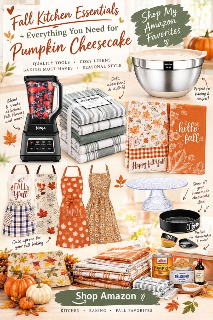Fall kitchen essentials and baking supplies for making pumpkin cheesecake, including mixing bowls, blender, cake pan, pumpkin puree, and kitchen towels