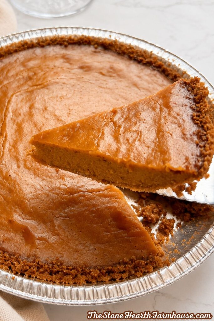 Creamy pumpkin pie slice being lifted from a graham cracker crust with a pie server