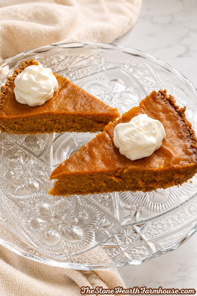Two slices of creamy pumpkin cheesecake pie topped with whipped cream on an elegant glass serving platter