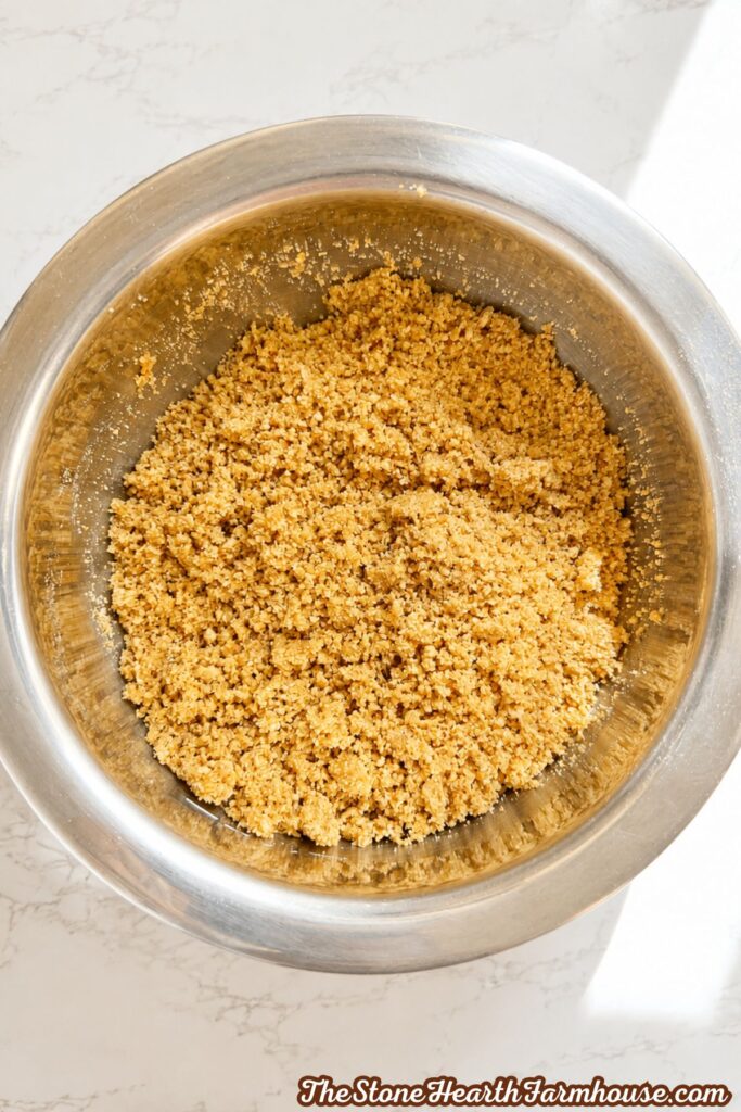 Crushed graham cracker crust mixture in a large stainless steel bowl ready to be pressed into a pie pan