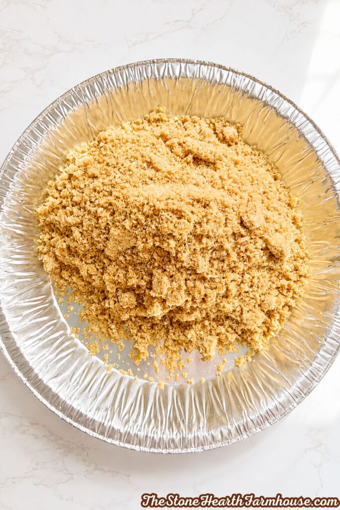 Prepared graham cracker crumb mixture in pie pan, ready to be pressed into place.