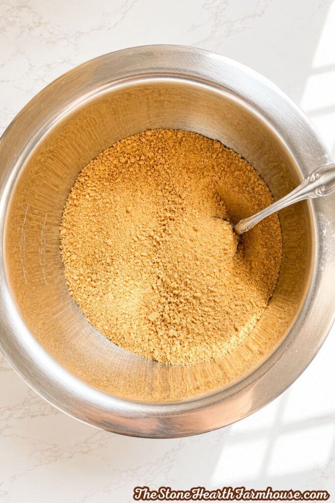 Graham cracker crumbs being measured in a stainless steel mixing bowl