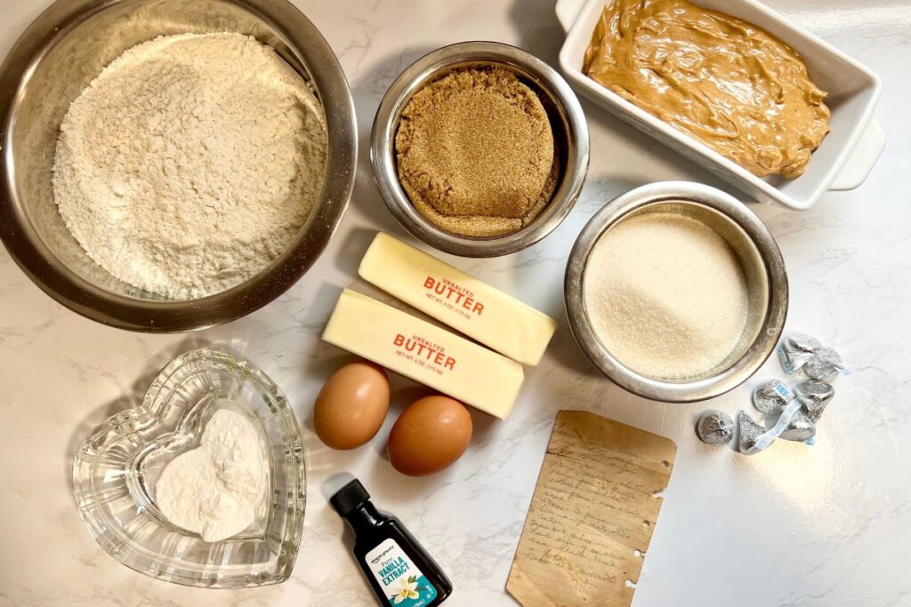 all the ingredients for making peanut butter cookies.