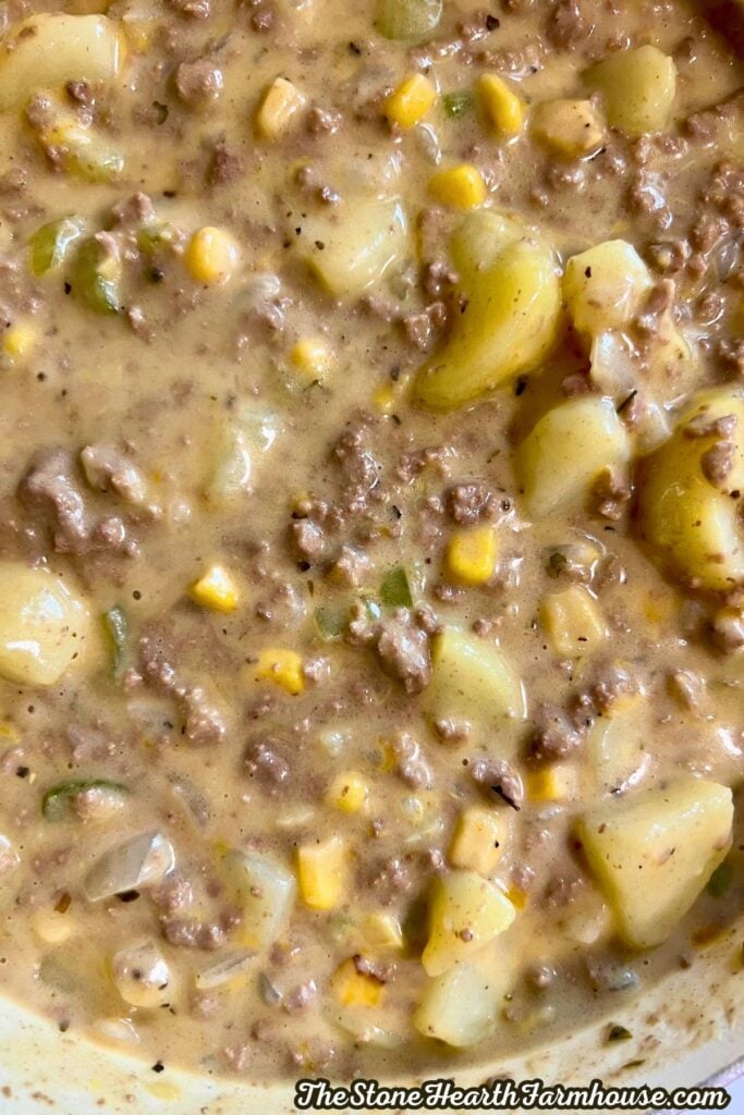 close up of the potato soup in a large pot.